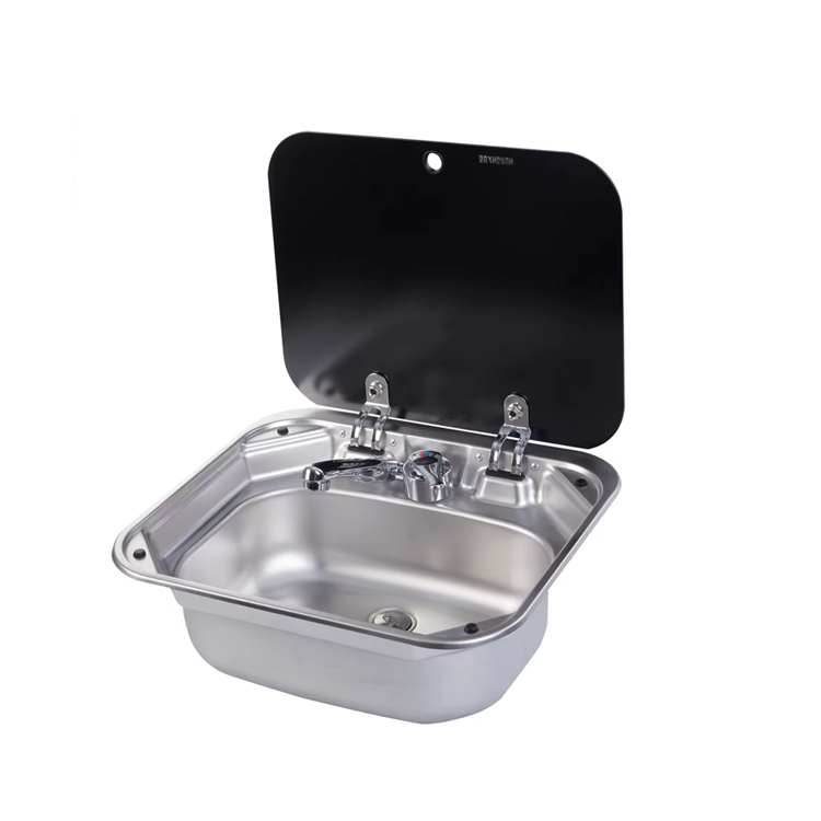 Faucet - อ่างล้างจานสแตนเลสสำหรับเรือยอชท์ รถบ้าน รถคาราวาน พร้อมฝาแก้วและก๊อกน้ำ Dometic 420*370*145