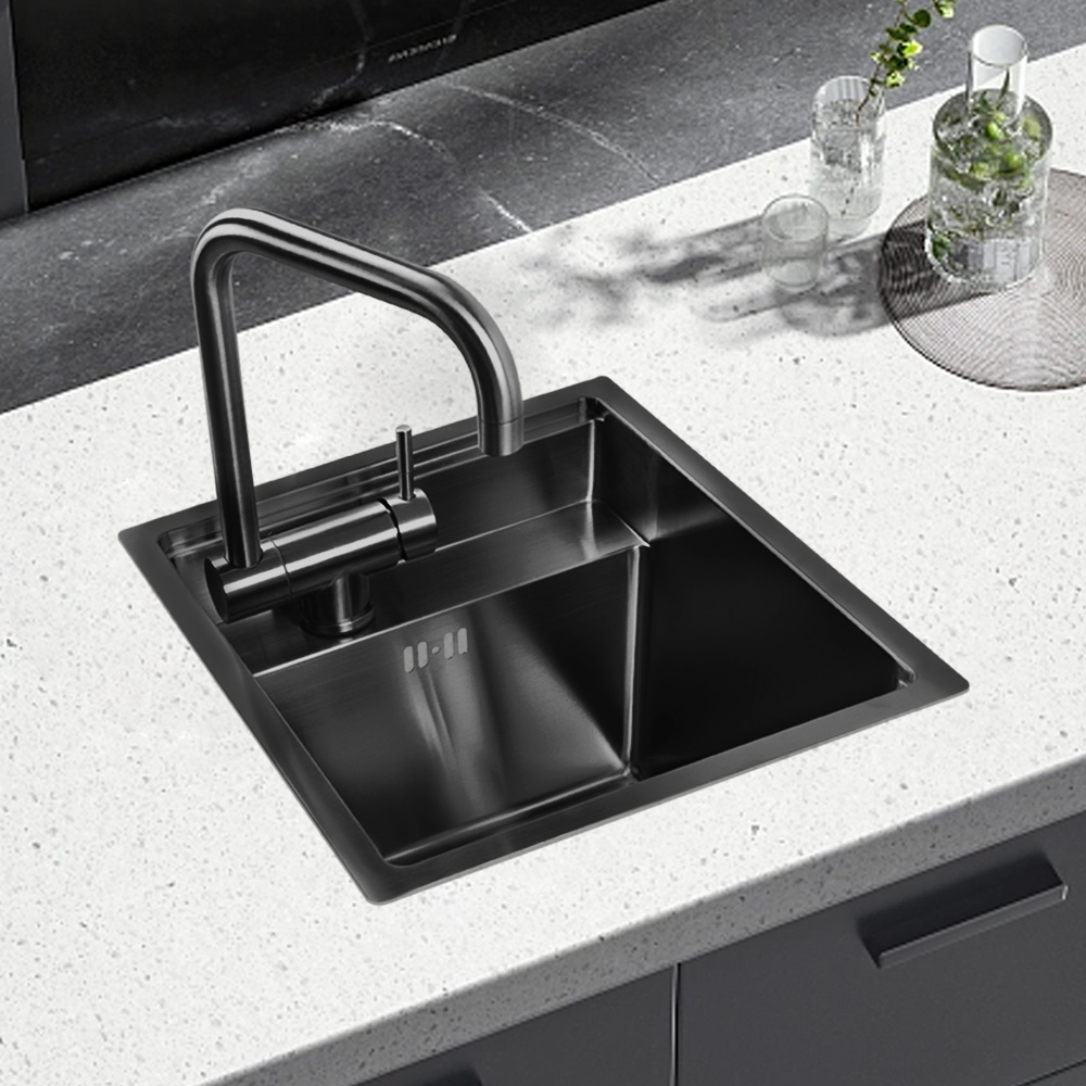 Faucet - อ่างล้างจานสแตนเลสทรงสี่เหลี่ยมแบบแฮนด์เมดสำหรับรถบ้าน รุ่น 304 ติดตั้งบนเคาน์เตอร์ พร้อมก๊อกน้ำแบบเจาะรูเดียว
