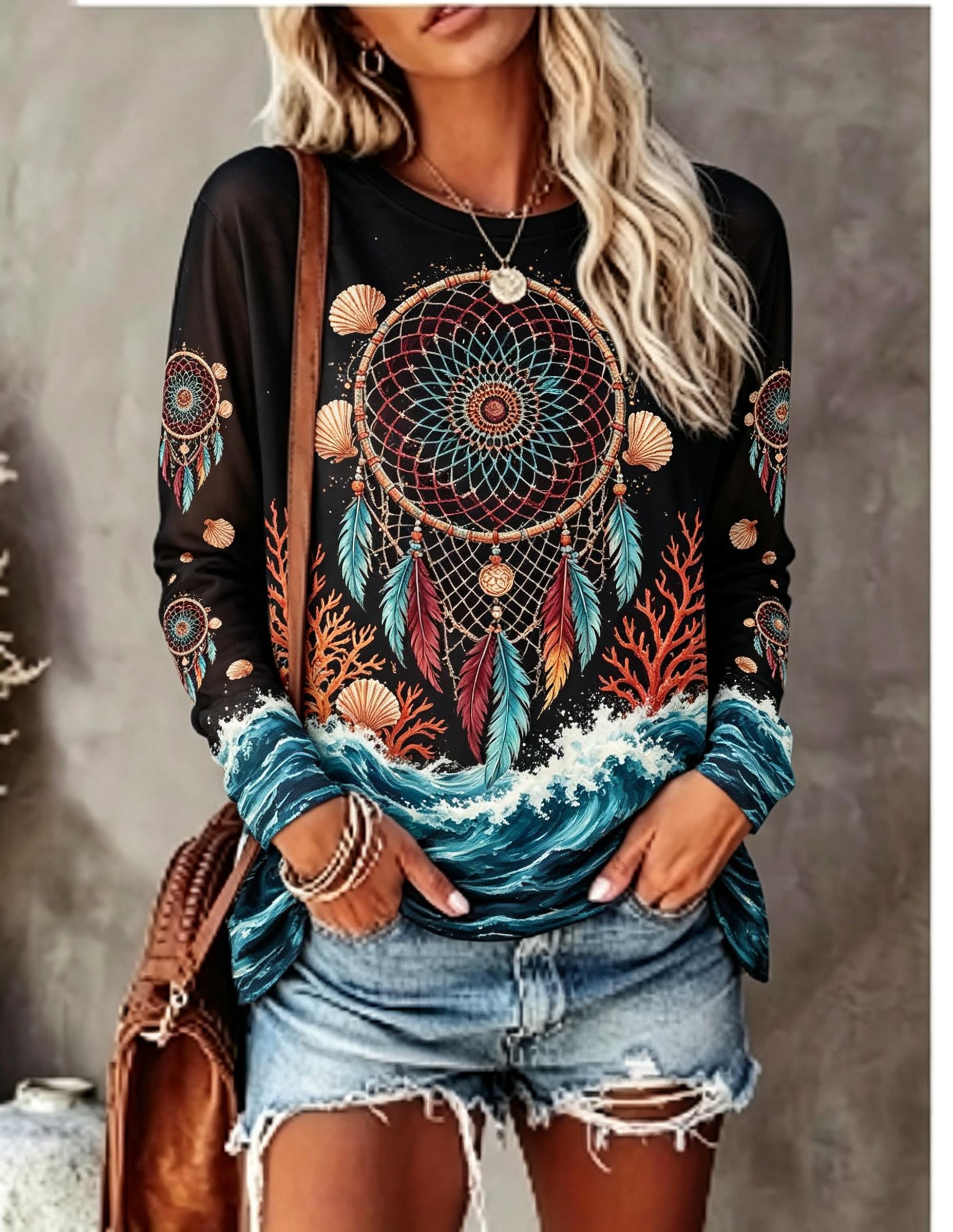 เสื้อยืดแขนยาวคอกลมผู้หญิง ลาย - Wallpaper บทวิจารณ์และราคา