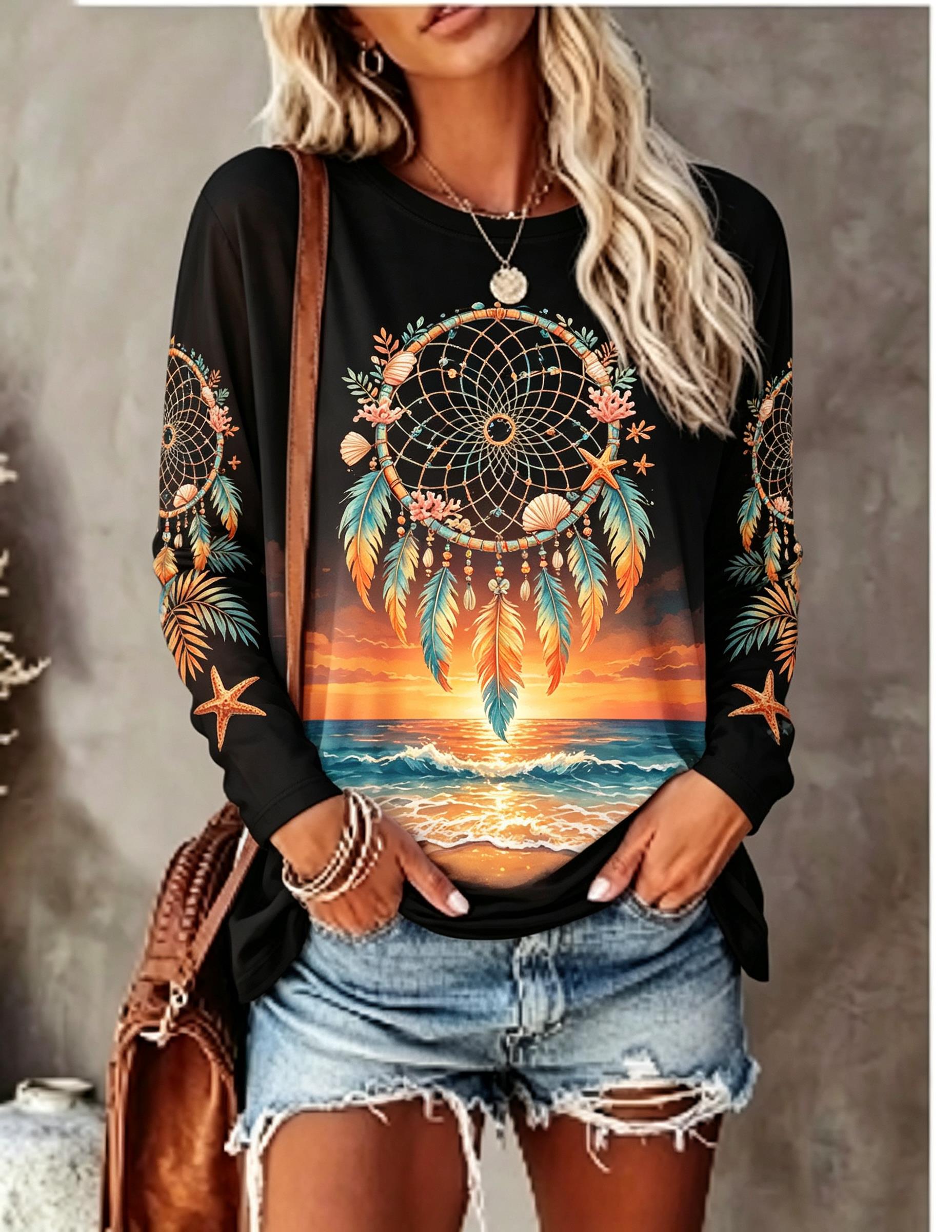 เสื้อยืดแขนยาวคอกลมผู้หญิง ลาย - Wallpaper บทวิจารณ์และราคา