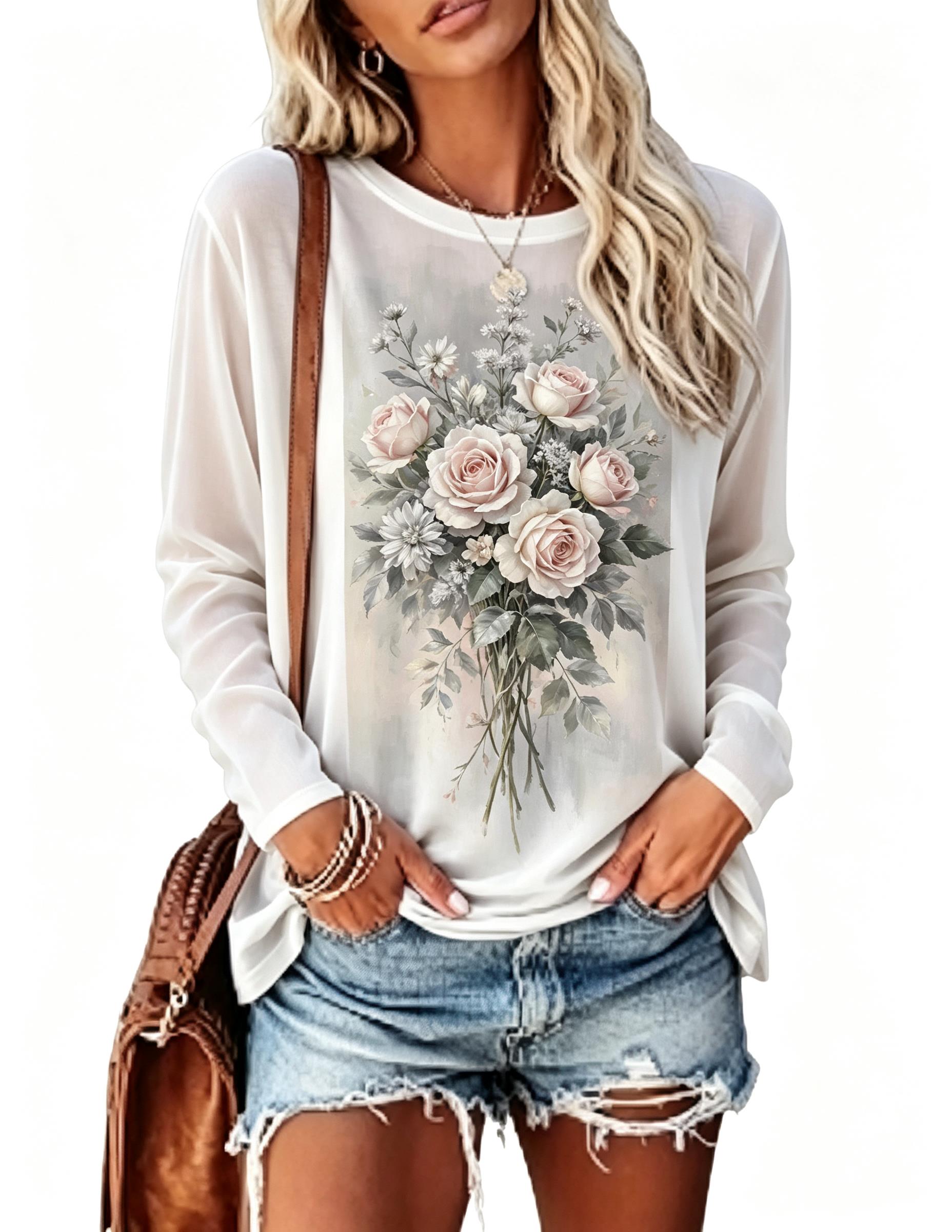 เสื้อยืดแขนยาวผู้หญิง ลายดอกกุ - Wallpaper บทวิจารณ์และราคา