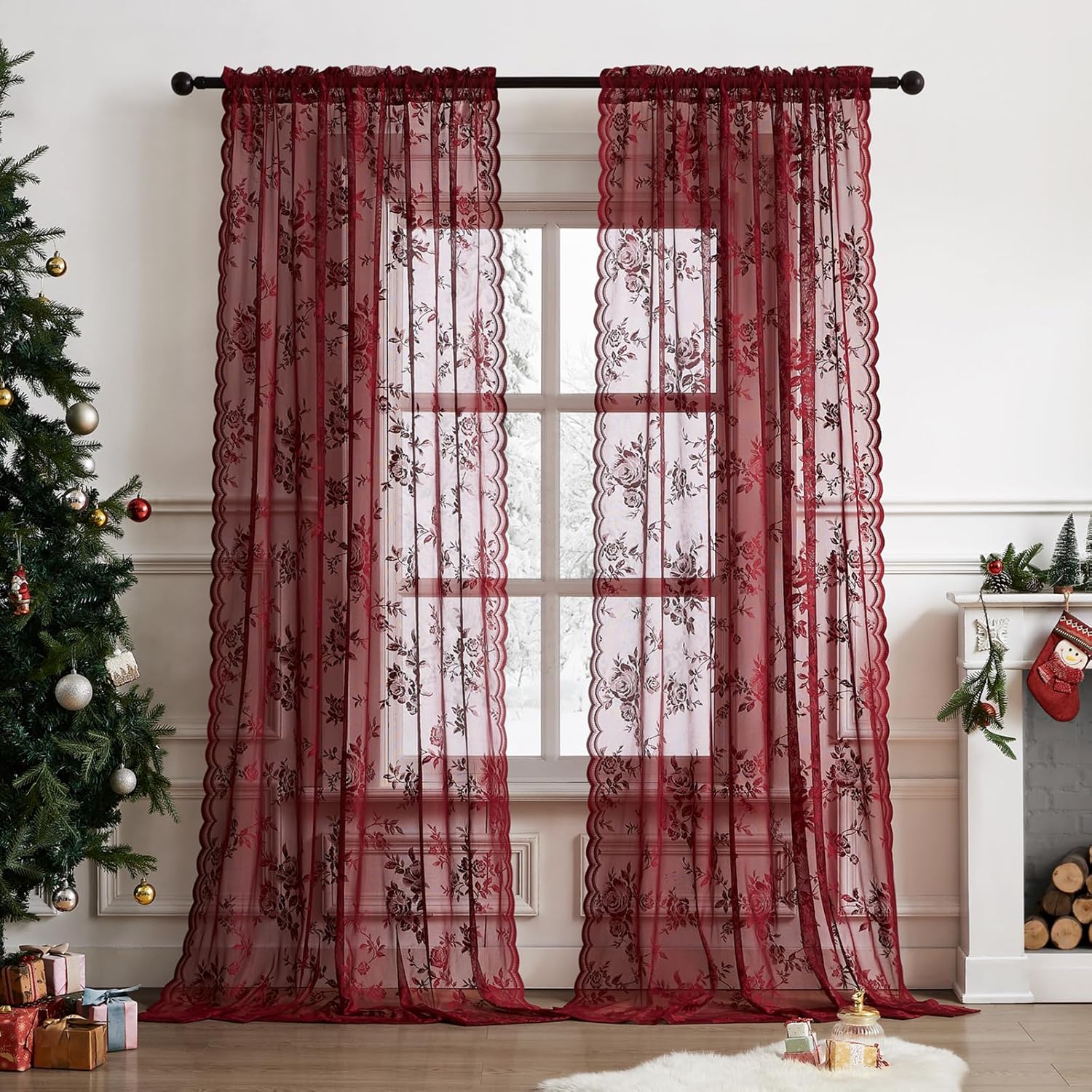 ม่านลูกไม้สีเบอร์กันดี 1 ผืน ค - Curtain Rods บทวิจารณ์และราคา