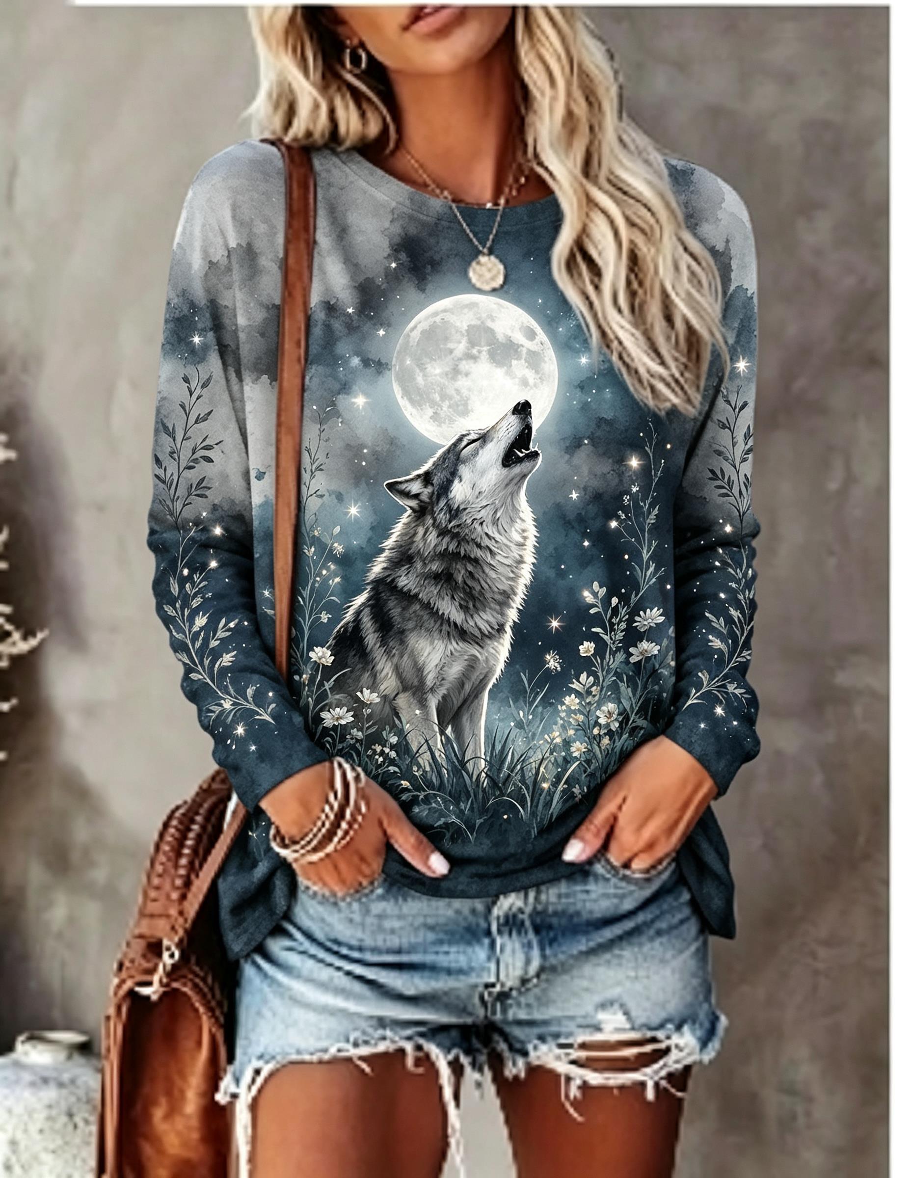 เสื้อยืดแขนยาวผู้หญิง ลายหมาป่ - Wallpaper บทวิจารณ์และราคา