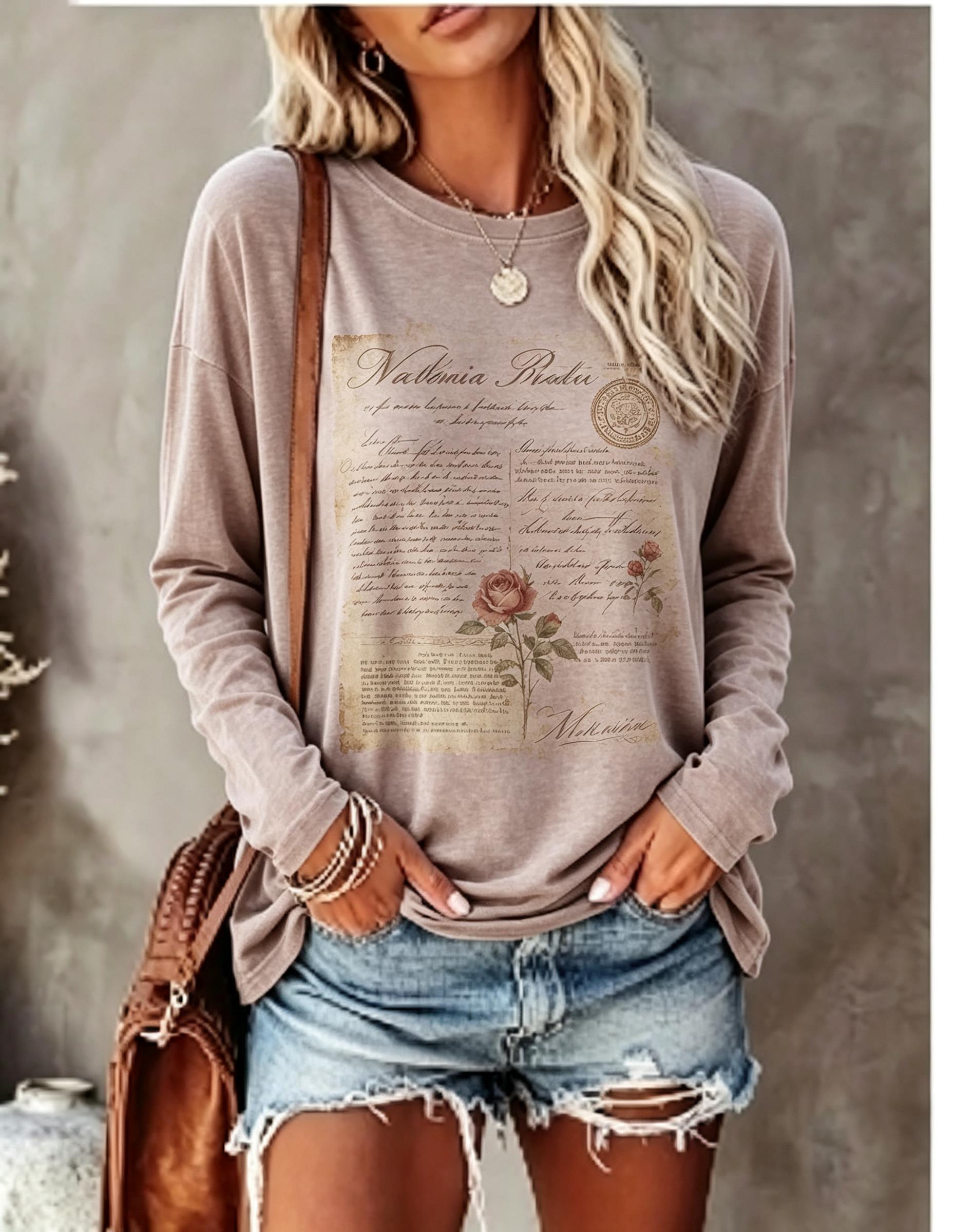 เสื้อยืดแขนยาวผู้หญิง ลายโปสเต - Wallpaper บทวิจารณ์และราคา